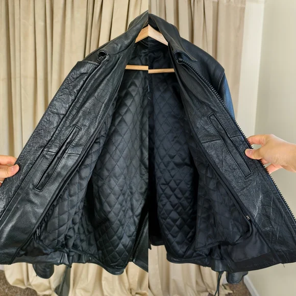 RARE Vintage UNIK Black Leather Biker Jacket with White Rose Floral Design - Picture 7 of 8